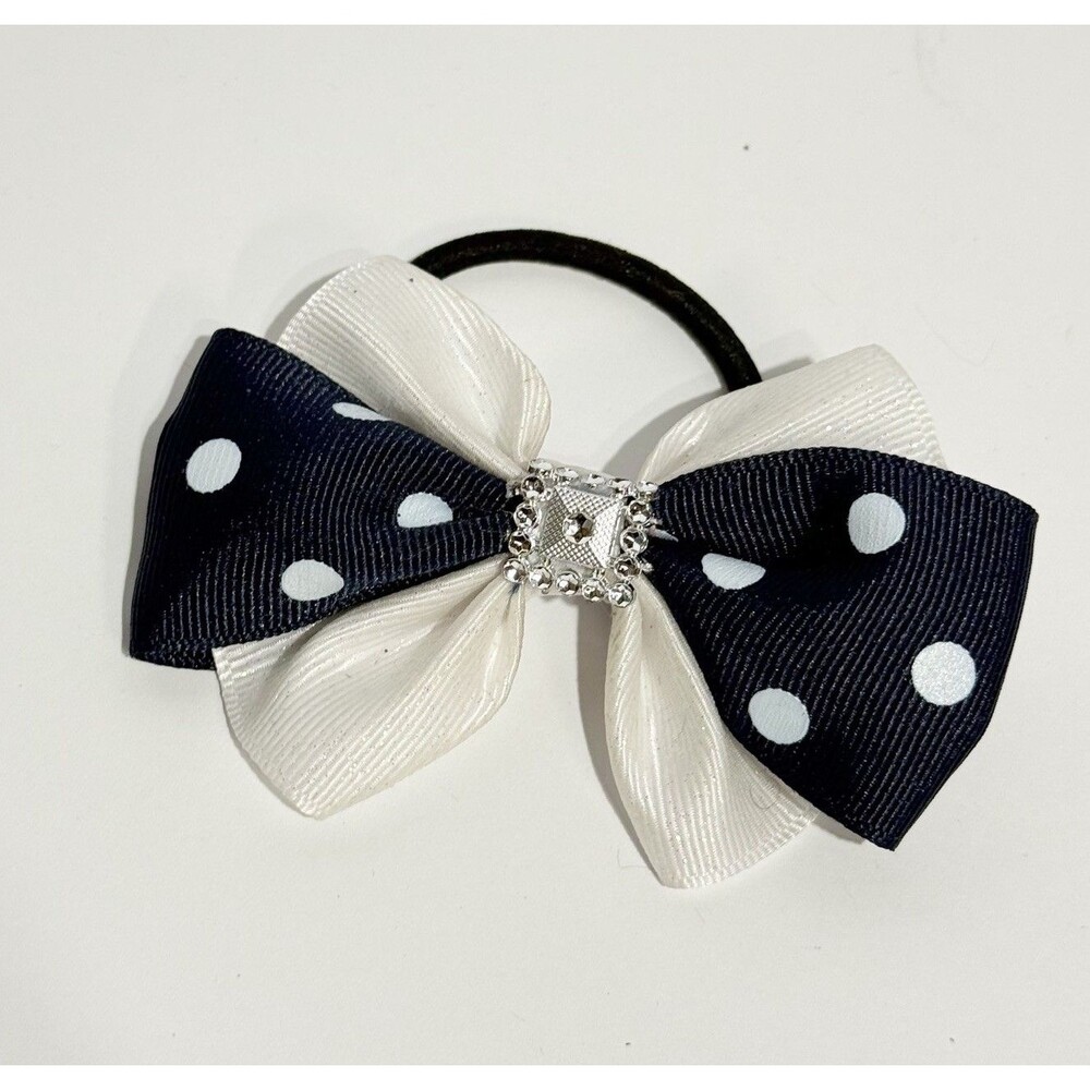 Handmade Navy Blue White Polka Dot Bow Ponytail Holder Elastic Hair Tie - Picture 5 of 7